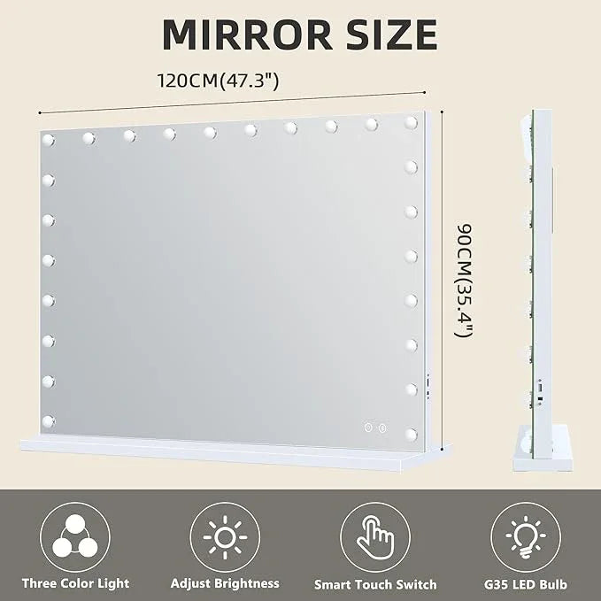FENCHILIN Vanity Mirror with Lights 47'' x 35'' Tempered Glass Super Large Hollywood Mirror with 24 Dimmable Bulbs for Makeup Table/Hanging Bluetooth Speaker Mirror with Touch Screen & USB Charge Port - ModernBath
