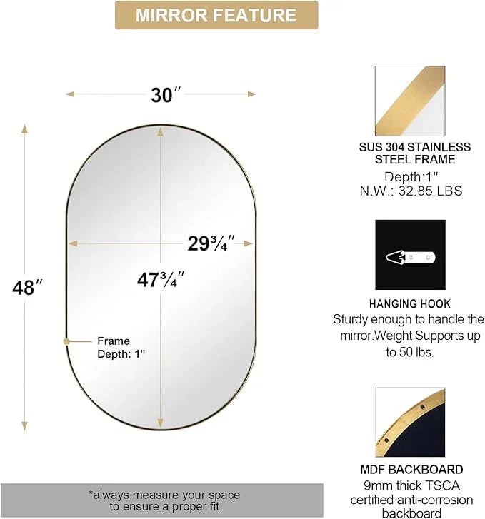 ANDY STAR Brushed Gold Bathroom Mirror, 48 x 30 Inch Oval Vanity Mirror, Brushed Brass Mirror for Wall in Stainless Steel Metal Frame 1’’ Deep Wall Mounted Horizontal/Vertical - ModernBath