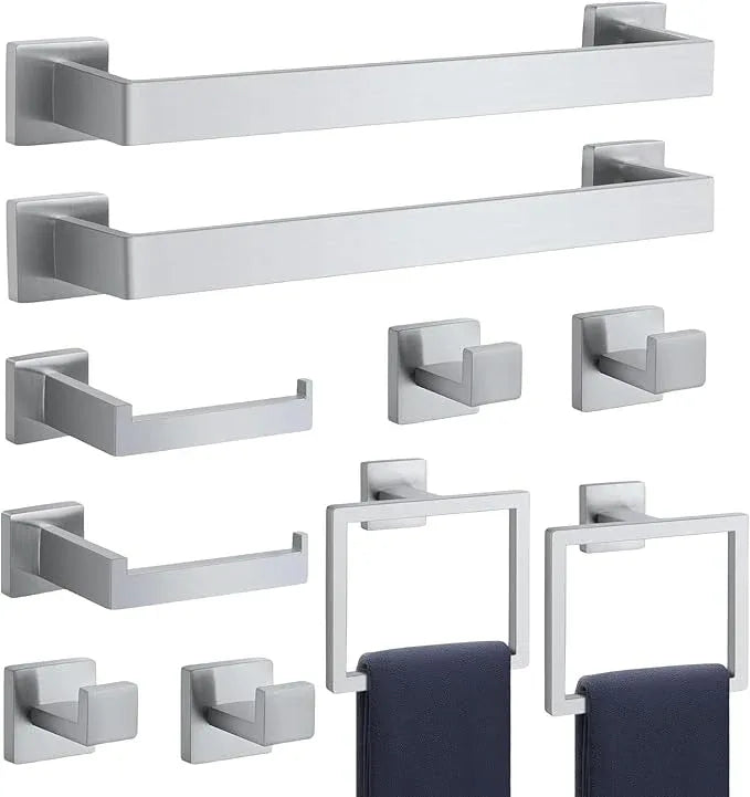 Bathroom Accessories Towel Bar Set: 10 Pieces Brushed Nickel Square Bathroom Hardware SUS304 Stainless Steel - Wall Mounted Towel Rack&Toilet Paper Holder&Towel Ring and Towel Hook - ModernBath