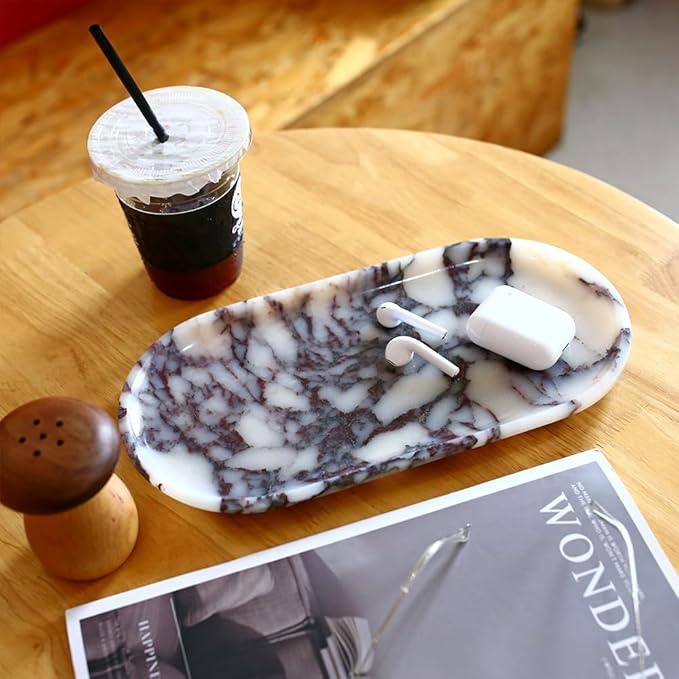 Natural Marble Tray, Coffee Table, Food, Fruit, Paper Cup, Cake Display, Coffee bar, Family Gatherings, Seasonal Holiday Decoration Tray(Viola-oval-11 x5 x0.7) - ModernBath