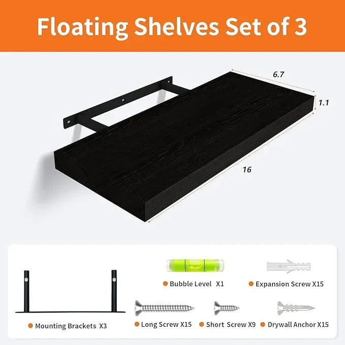 Floating Shelves for Wall Set of 3, 16" Black Wall Shelves for Home Decor, Frame Display Floating Shelf for Living Room, Bedroom, Bathroom, Kitchen - ModernBath