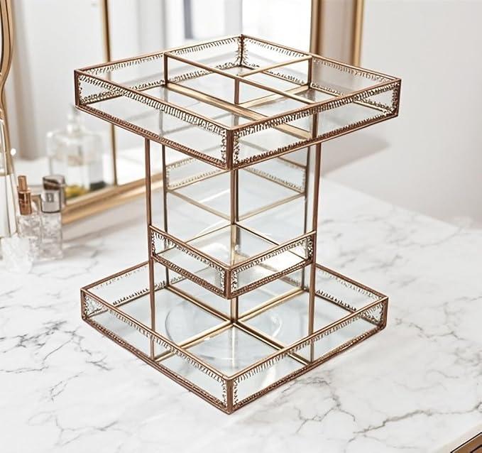 Vintage Glow Antique 360 Degree Rotating Makeup Organizer,4-Tier Spinning Perfume Tray,Countertop Cosmetic Storage ,Glass Beauty Display,Retro Large Capacity Vanity Organizer for Brushes Skincare - ModernBath