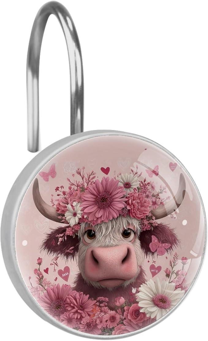 Highland Cows and Florals Rust Proof Shower Curtain Hooks 12Pcs for Bathroom Shower Rod, Decorative Shower Hooks Shower Curtain Hanger Rings Roller, Glass, Resin, Stainless Steel - ModernBath