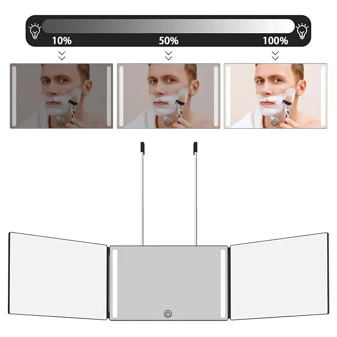 OLIBUY 3 Way Mirror with LED for Hair Cutting, Tri-fold Mirror for Shaver and Makeup, Adjustable Telescoping Hooks-with LED Version - ModernBath