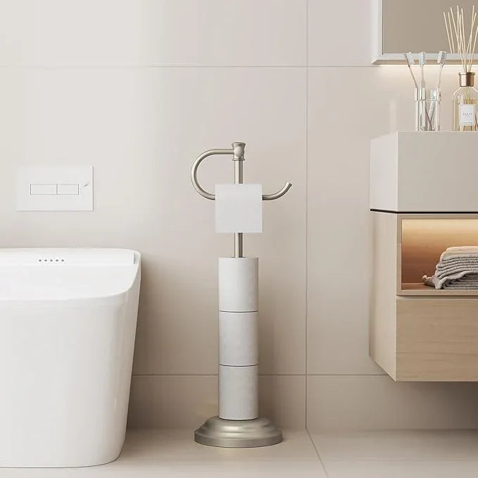 BESy Toilet Paper Holder Stand SUS 304 Free Standing Bathroom Tissue Holder with Storage Hardware Accessories Rack Hand Towel Bar Rustproof Lavatory Tissue Roll Holder Floor Modern Brushed Nickel - ModernBath