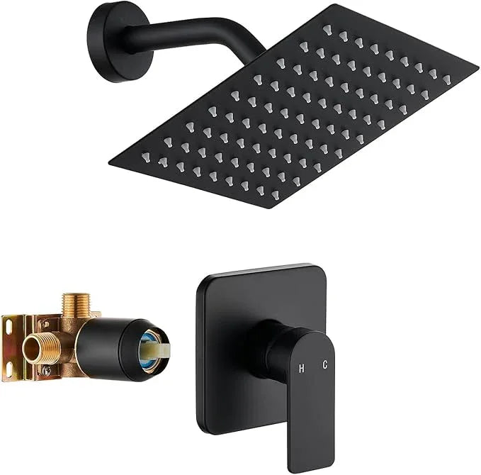 Black Shower Faucet Single Function Trim Kit with Rough-in Valve Set Bath Rainfall Shower System 8inch Square Stainless Steel Metal Shower Head - ModernBath