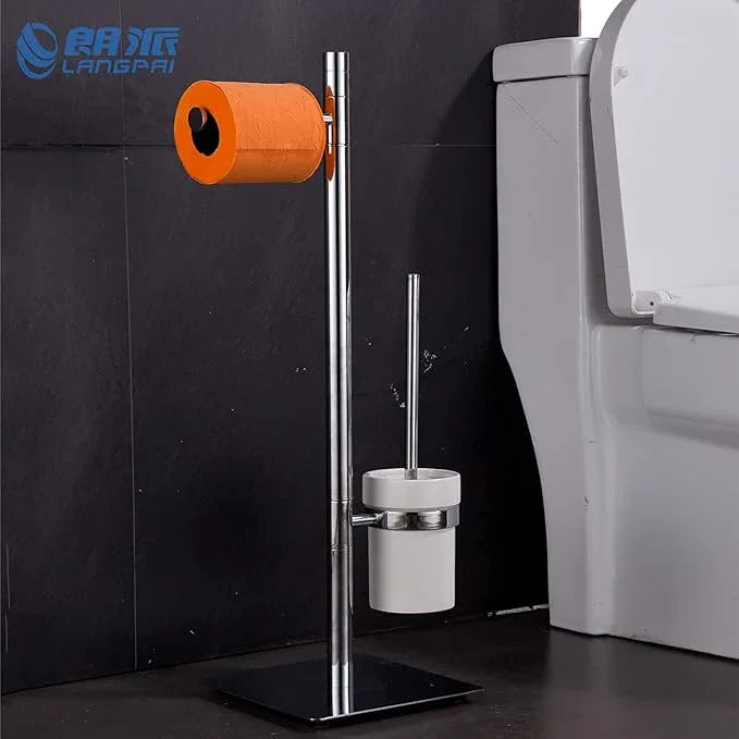 Freestanding Toilet Brush and Paper Holder Set Superior Hotel Luxury Style Join Roll Paper and Toilet Brush Non-Skid Sturdy Floor Stand Brass Chrome with White Ceramic Cup - ModernBath