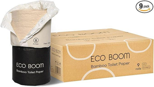 ECO BOOM Unbleached Bamboo Toilet Paper, 100% Tree-Free & Plastic-Free, 3-Ply Strong, FSC Certified, Unscented, 9 Rolls, 360 Sheets | PFAS Free, BPA Free & Septic Safe - ModernBath