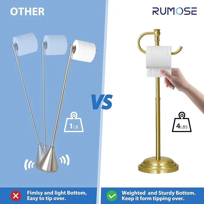 RUMOSE Toilet Paper Holder Stand for Floor, Brushed Gold Adjustable (12.4" to 22.8") Bathroom Toilet Tissue Holder, Free Standing Toilet Paper Roll Holder with Storage, Stainless Steel - ModernBath