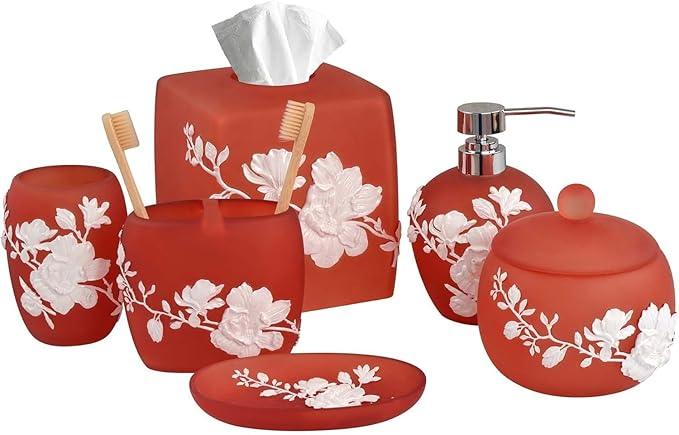 Decozen Bathroom Accessories Set 6Pcs – Soap Dispenser, Toothbrush Holder, Tumbler, Soap Dish & Cotton Swab Jar – Modern Bathroom Decor, Bath Set for Valentines Day Gifts Valentines Decor, Savannah - ModernBath