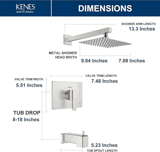 KENES Brushed Nickel Tub Shower Faucet Set Complete, Tub and Shower Trim Kit with 10-Inch Rain Shower Head, Square Shower System, KE-6024A (Shower Valve Included) - ModernBath