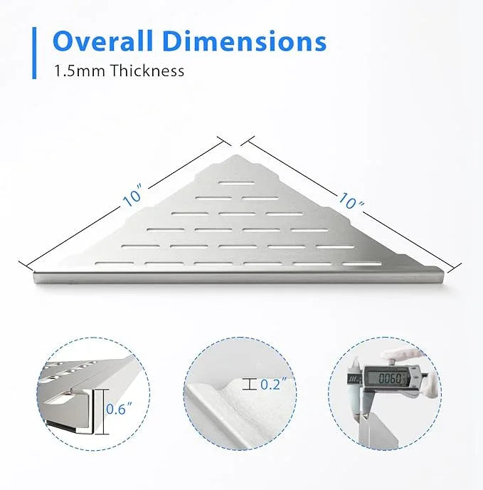 POPFLY 10" Silver Stainless Steel Corner Shower Shelf 2PCS, 304 SS Recessed Bathroom Shelves for Tile Walls, No Drilling Needed, Floating Shower Caddy with Drainage Slots, PF7501L - ModernBath
