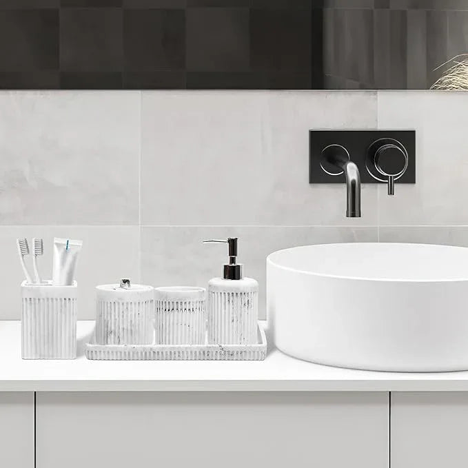 XLHOMO Resin White Marble Bathroom Accessories Set 5 Pcs, Lotion Soap Dispenser, Toothbrush Holder, Bathroom Tumbler, Qtip Holder and Vanity Tray, Bathroom Countertop Organizer Set for Home Apartment - ModernBath