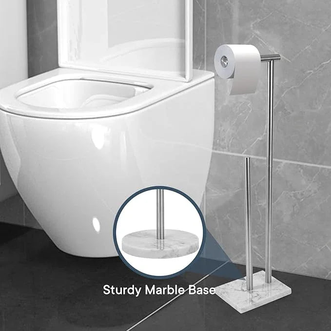 Toilet Paper Holder Stand with Weighted Natural Marble Base, Bathroom Free Standing Toilet Paper Roll Holder with Reserve, Standing Toilet Tissue Holder with Storage (Brushed Nickel, with Storage) - ModernBath