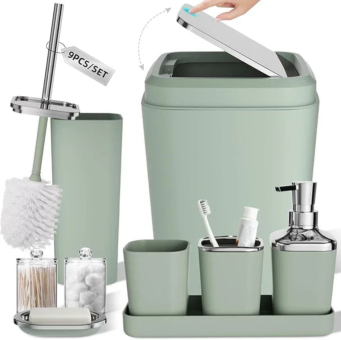 XLHOMO Bathroom Set, Sage Green Bathroom Accessories Set with Press-on Lid Bathroom Trash Can, Soap Dispenser, 10PC Bathroom Accessory Set for Home - ModernBath