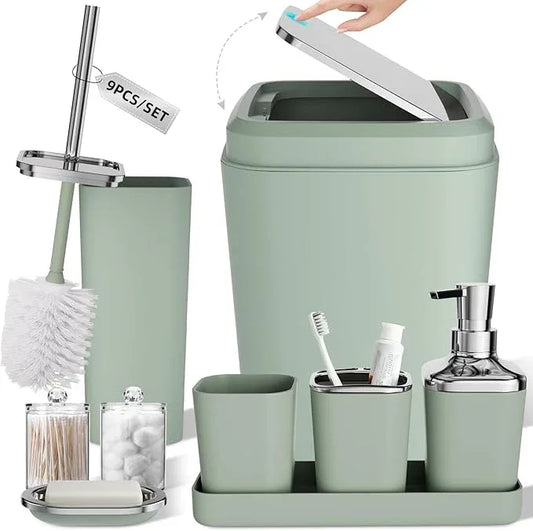 XLHOMO Bathroom Set, Sage Green Bathroom Accessories Set with Press-on Lid Bathroom Trash Can, Soap Dispenser, 10PC Bathroom Accessory Set for Home - ModernBath