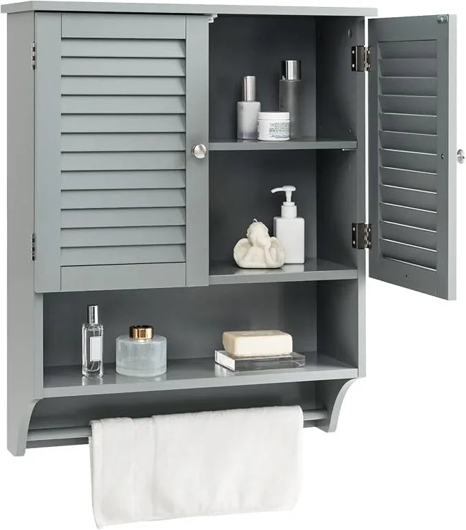Giantex Medicine Cabinet with 2 Louvered Doors, 3-Position Adjustable Shelf, Towel Bar, Wall Mounted Bathroom Cabinet Above Toilet, Over The Toilet Space Saver (Grey) - ModernBath