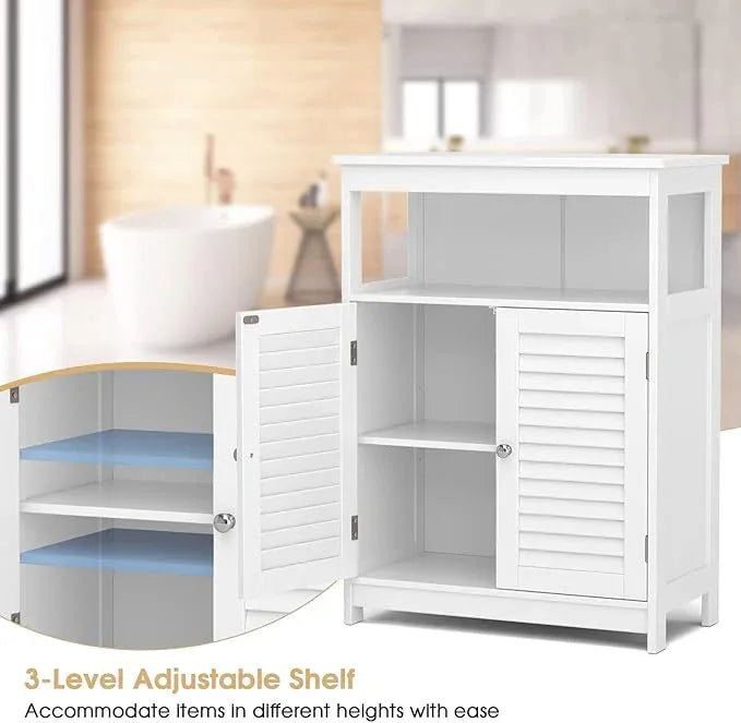 GLACER Bathroom Floor Cabinet, Wooden Storage Cabinet with Double Shutter Doors & 3-Position Adjustable Shelf, Side Storage Organizer, 23.5 x 12 x 31.5 inches (White) - ModernBath