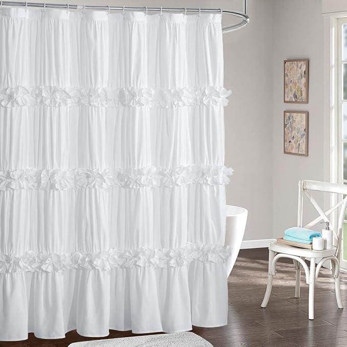 Homechoice Decor Victorian Ruffle Shower Curtain, Vintage Handcrafted Bow Tie Bath Curtain for Master Bathroom, Ruched Microfiber Bathroom Curtain with 12 Buttonholes, 72" W x 84" H, White (LQ-10) - ModernBath