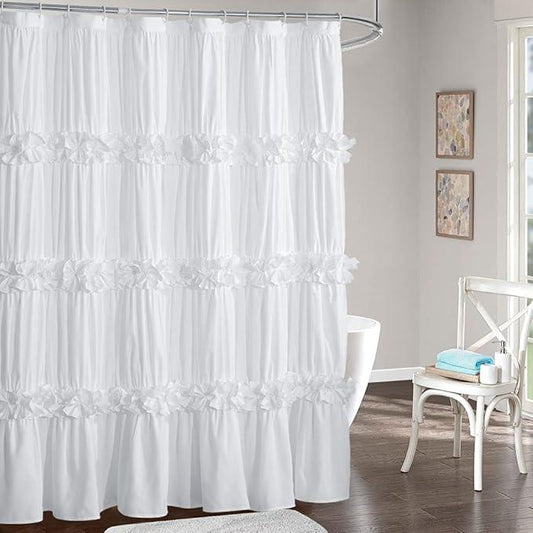 Homechoice Decor Victorian Ruffle Shower Curtain, Vintage Handcrafted Bow Tie Bath Curtain for Master Bathroom, Ruched Microfiber Bathroom Curtain with 12 Buttonholes, 72" W x 84" H, White (LQ-10) - ModernBath