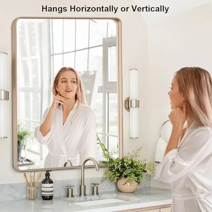 miroro Gold 20x28 Inch Metal Framed Mirror for Wall, Large Rounded Rectangle Mirror, Anti-Rust, Tempered Glass, Hangs Horizontally or Vertically - ModernBath