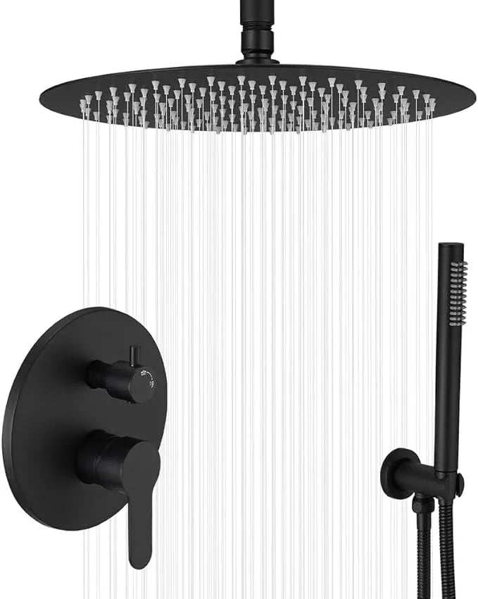 JingGang Matte Black Ceiling Mount Round Rain Shower System with 16 Inch Shower Head and Handheld Bathroom Shower Set Contain Shower Faucet Trim Kit (Mixer Valve Included) - ModernBath
