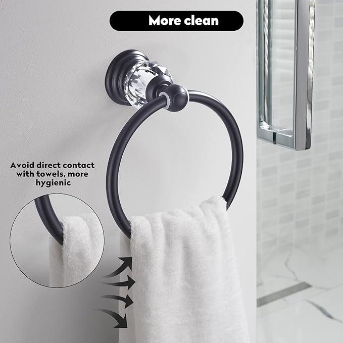 WINCASE Crystal Towel Ring, Black Hand Towel Holder, Bathroom Round Towel Hanger Racks Wall Mount Matte Black - ModernBath