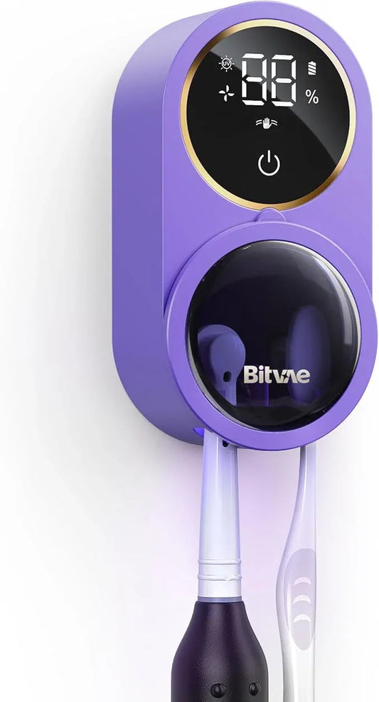 Bitvae Upgraded Tooth Brush Holder for Bathroom 2.0, Infrared Sensing Toothbrush Cleaner, Wall-Mounted for Most Size Toothbrushes, Air Drying, LED Smart Screen, Purple - ModernBath