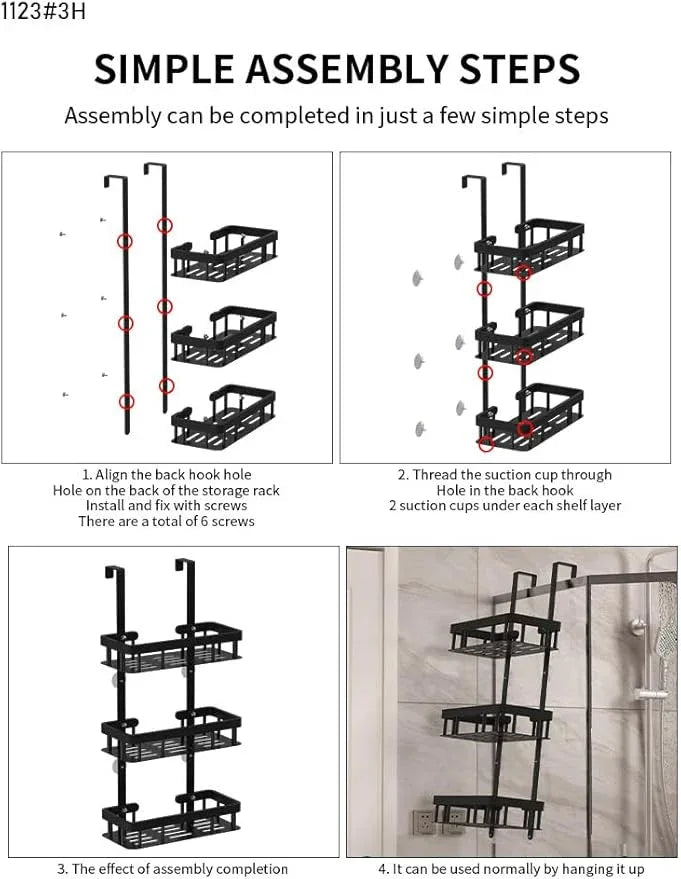 3-Tier Over Door Shower Caddy, Black Metal Bathroom Storage Rack, 11.81x5.31 Inch Shelves, Rustproof Organizer, Modern Style, No Drilling Required, for Toiletry Storage - ModernBath