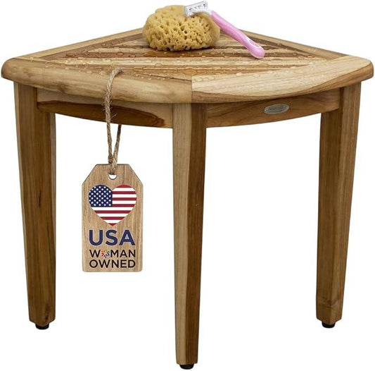 EcoDecors SnazzyCorner Waterproof Teak Wood Shower Bench Stool Seat Chair For Inside Shower Provides Safety, Storage, and Organization For Bathroom Accessories - ModernBath