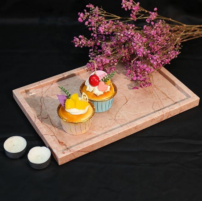 Real Luxurious Natural Marble Vanity Tray Genuine Marble Storage Tray for Home Decor Stone Tray for Bathroom/Kitchen/Vanity/Dresser Non-Resin/Non-Ceramic/Cream Rose - ModernBath