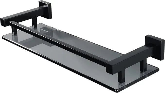Alise Bathroom Glass Shelf with Stainless Steel Railing, Matte Black Small Tempered Glass Floating Wall Shelf Over The Toilet, 16 inch - ModernBath