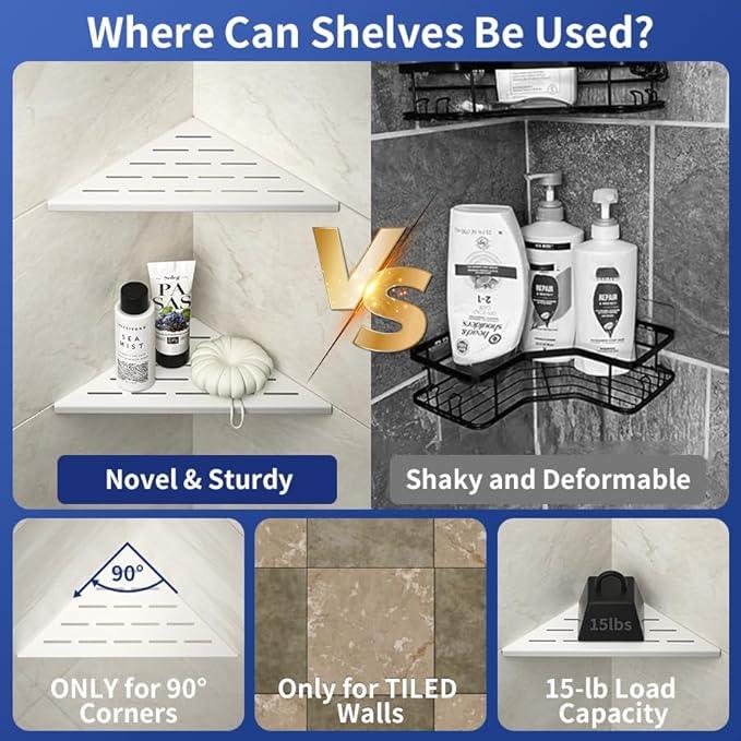 Corner Shower Shelf, 304 Stainless Steel with Slot Design for Bathroom Storage, Grout in Shelf for Tiled Wall (White, 10"-2 Pack) - ModernBath
