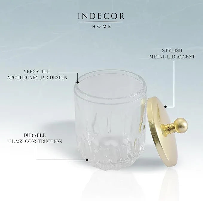 Indecor Home Clear Transparent Apothecary Vertical Wavy Glass Jar With Gold Metal Lid Cover for Bathroom Organization, Cotton Balls, Q Tips, and Small Accessories, Bathroom Storage - ModernBath