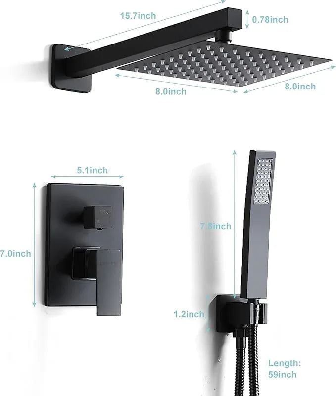 RTTWYYUU Matte Black Shower Head and Handle Set 8 Inch, Rain Shower Head with 2 Hooks, Luxury Rain Shower Set Square Wall Mount for Bathroom with Rain Shower and Handheld Shower System - ModernBath