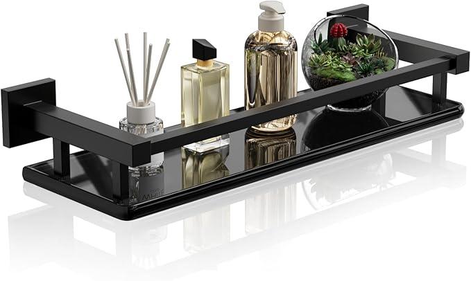 Alise Bathroom Glass Shelf with Stainless Steel Railing, Matte Black Small Tempered Glass Floating Wall Shelf Over The Toilet, 16 inch - ModernBath