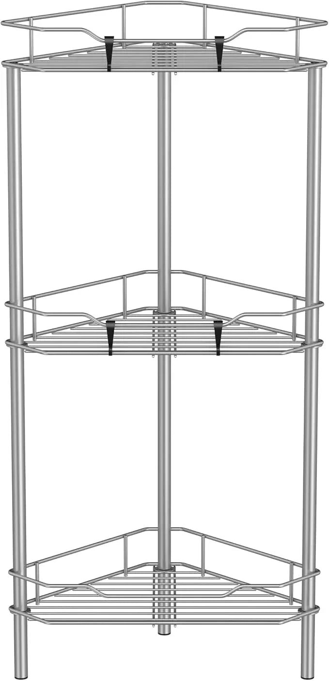 3 Tier Floor Standing Corner Shower Caddy Organizer Shelf with Hooks, Bathroom Shelves Stand Rack, Gray - ModernBath