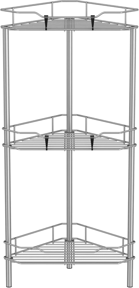 3 Tier Floor Standing Corner Shower Caddy Organizer Shelf with Hooks, Bathroom Shelves Stand Rack, Gray - ModernBath