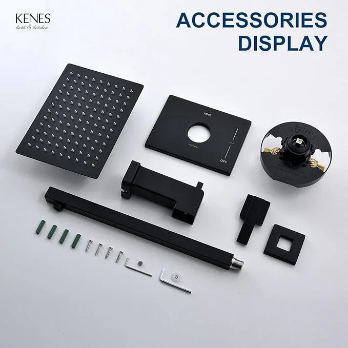 KENES Matte Black Tub Shower Faucet Set Complete with 10-Inch Rainfall Shower Head and Tub Spout, Square Tub and Shower Trim Kit, KE-6024A-2 (Shower Valve Included) - ModernBath