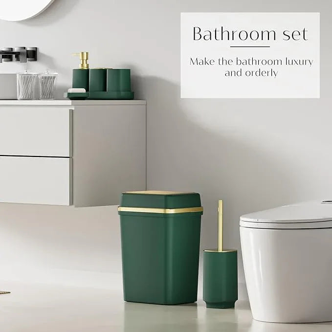 9PCS Bathroom Accessory Set, Dark Green Bathroom Set with Large-Capacity 4 Gallon Trash Can, Bathroom Accessories Set Complete, Toothbrush Holder, Soap Dispenser, Toilet Brush, Bathroom Decor - ModernBath