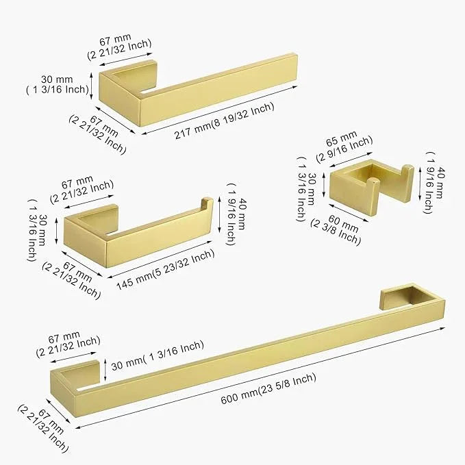 TNOMS Light Gold Towel Bar Set 4 Pieces Bathroom Hardware Set Wall Mounted Stainless Steel,Towel Bar+Towel Holder+Towel Hook+Toilet Paper Holder,23.6 inch - ModernBath