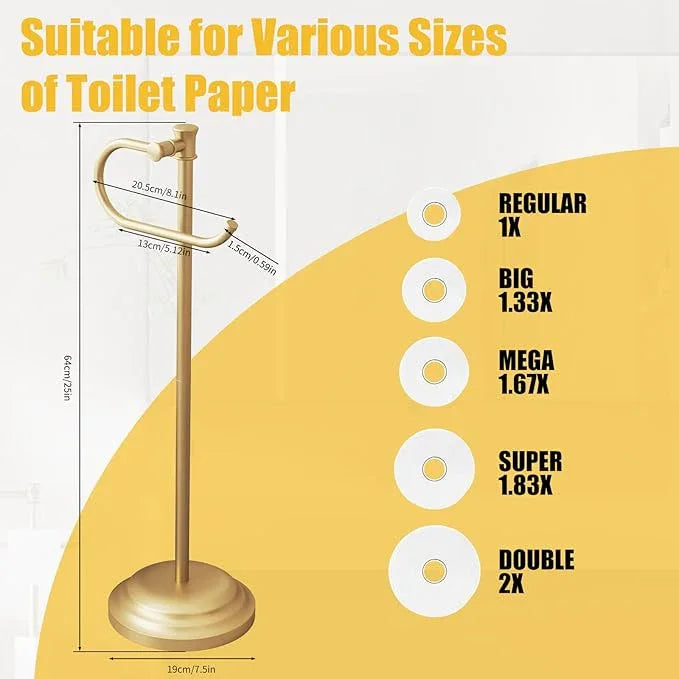 BESy Toilet Paper Holder Free Standing Bathroom Toilet Tissue Holder Stand for Floor Toilet Paper Roll Holder with Storage Hardware Accessories Rack Hand Towel Bar Brushed Gold Stainless Steel - ModernBath