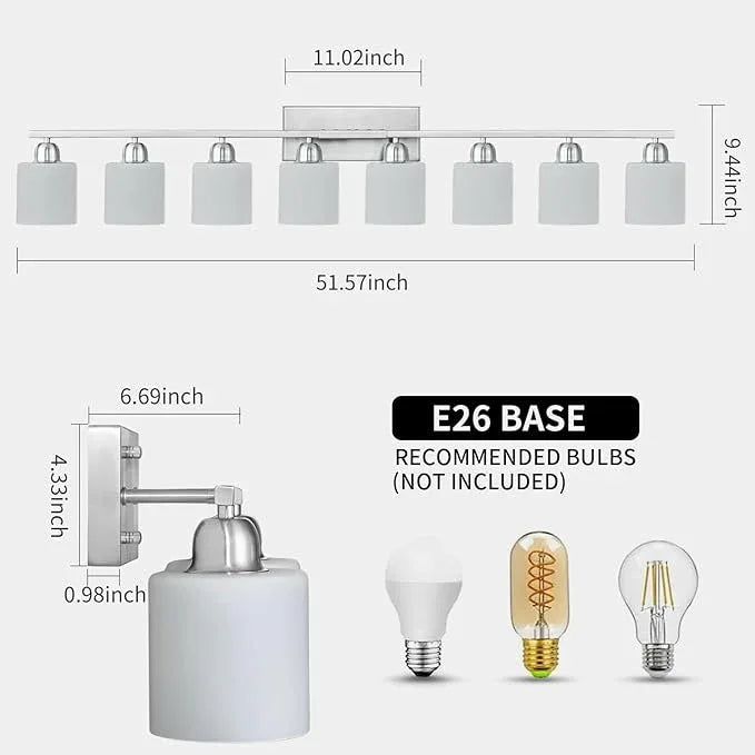 Brushed Nickel Light Fixture Bathroom for Huge Mirror, 8 Light Mirror Lights with Milky White Frosted Glass Shades, 51 inch Bathroom Mirror Lights for Mirrorss, E26 Socket - ModernBath