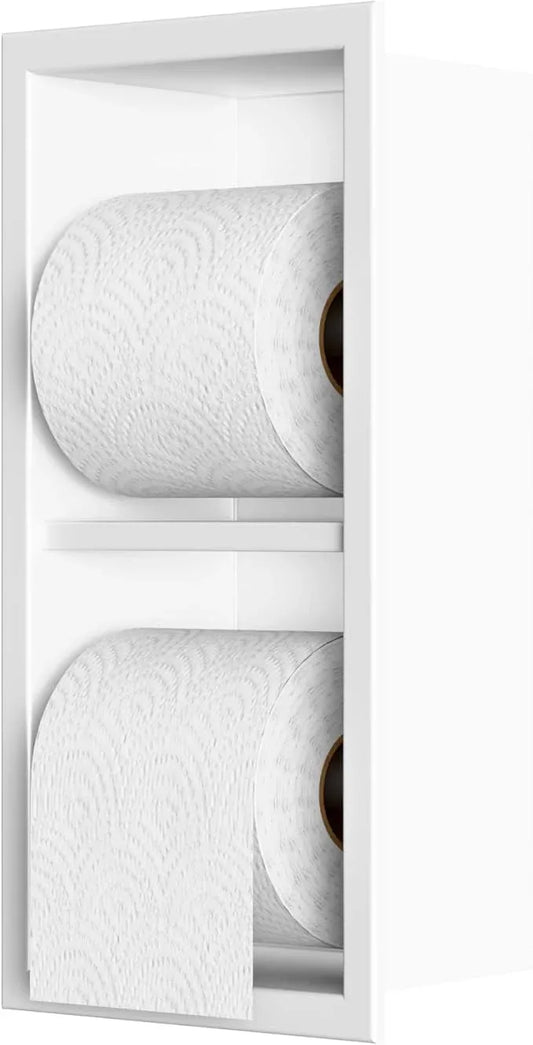 Toilet Paper Holder Recessed Wall,Double-Layer Storage Roll Paper Dispenser, Can Also be Used as Footrest,Soap Holder and Shower Niche,Stainless Steel,Matte White,13.5 in X 18 in X 4 in - ModernBath