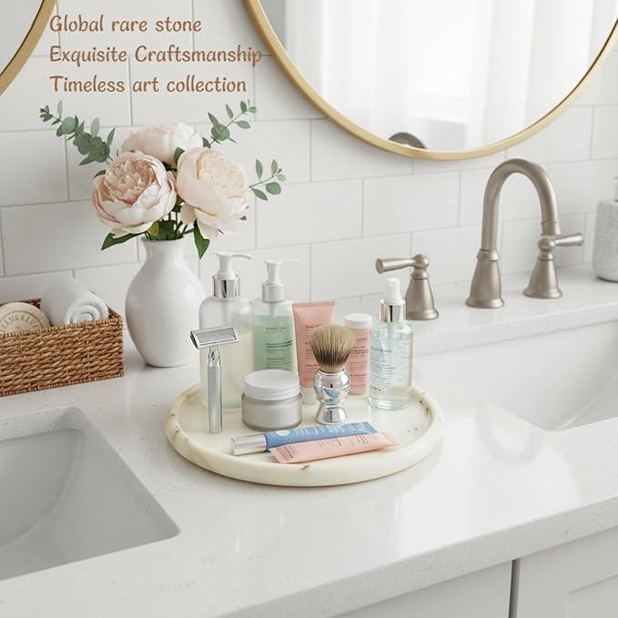 Marmor Real Natural Marble Bathroom Tray for Perfume, Candles, Jewelry Stone Vanity, Bathroom & Kitchen Counter Organizer and Home Decor (Calacatta Gold‌ Marble Round Plate(11.02 * 11.02 * 0.7)) - ModernBath