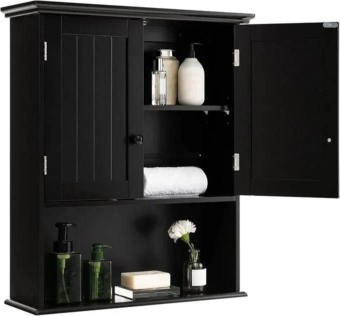 COSTWAY Wall Mounted Bathroom Cabinet, Over The Toilet Storage Cabinet w/Double Doors & Adjustable Shelf, Wood Hanging Medicine Cabinet for Living Room, Entryway, Kitchen (Black) - ModernBath