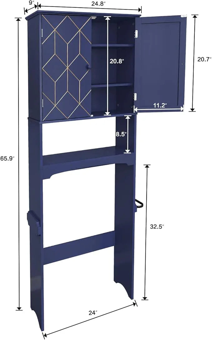 HLR Over The Toilet Storage Cabinet with Gold Trim, Over Toilet Bathroom Organizer with Adjustable Shelves and Toilet Paper Holder, Above Toilet Storage Cabinet Spacesaver for Bathroom (Blue) - ModernBath