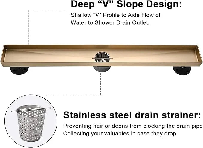 Linear Shower Floor Drain, Brushed Gold 60 Inch 304 Stainless Steel Bathroom Drains Kit, Rectangular Shower Trench Drain with Reversable Tile-in Pattern Drain Cover & Hair Catcher - ModernBath