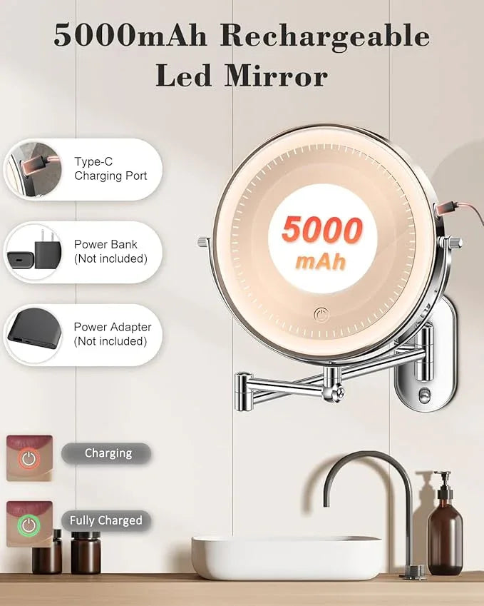 vpu 9" Wall Mounted Makeup Mirror with Light, 20X/1X Height Adjustable Double Sided Magnifying Bathroom Lighted Mirror, 3 Color Touch Dimmable Extended Arm 360 Rotation Light up Magnification Mirrors - ModernBath