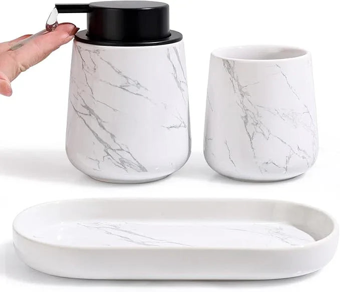 BosilunLife Marble Bathroom Accessory Set - 3 pcs Ceramic Bathroom Soap Dispenser Set Farmhouse Bathroom Counter Decor Set Accessories, Soap Dispenser and Toothbrush Holder, Tray - ModernBath